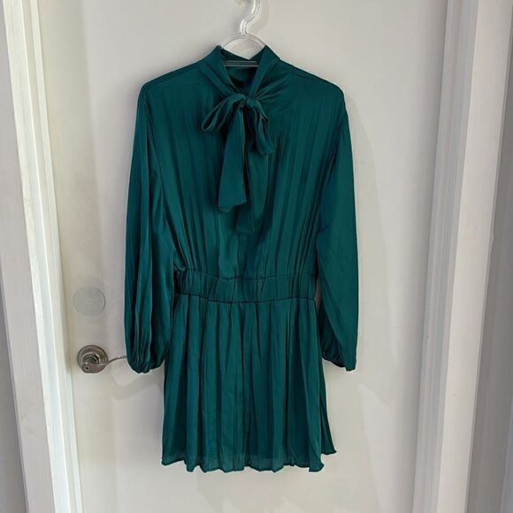 ZARA emerald green turquoise dress satin mock neck pleated ruched NWOT S - Picture 3 of 10